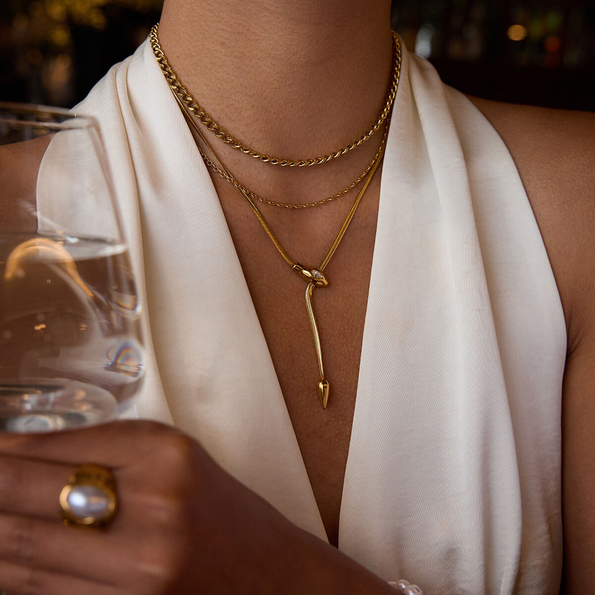 1 Piece Shinning Snake Stainless Steel Waterproof Gold Color Women's Pendant Necklaces 2