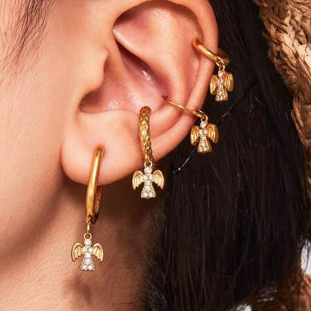 1 Pair Classic Angel Stainless Steel Waterproof Gold Color Zircon Women's Drop Earrings