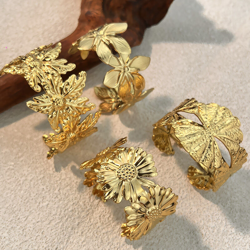 1 Piece Flower Stainless Steel Waterproof Gold Color Cuff Bracelet