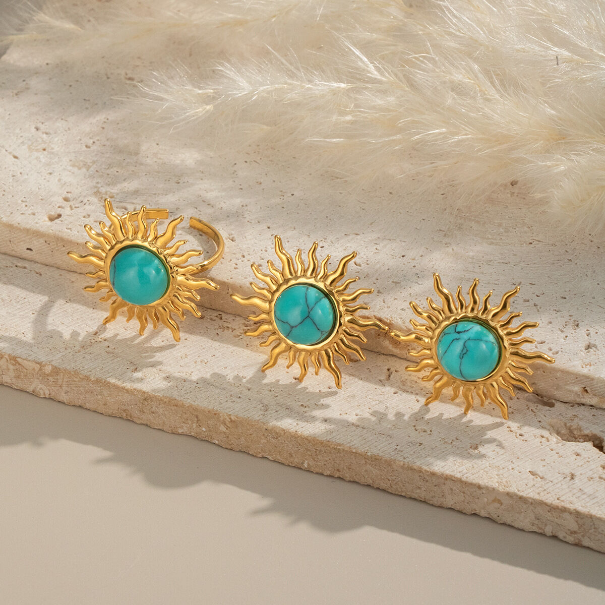 1 Piece Retro Sun Calaite Stainless Steel Waterproof Gold Color Women's Jewelry Sets h5 Picture3