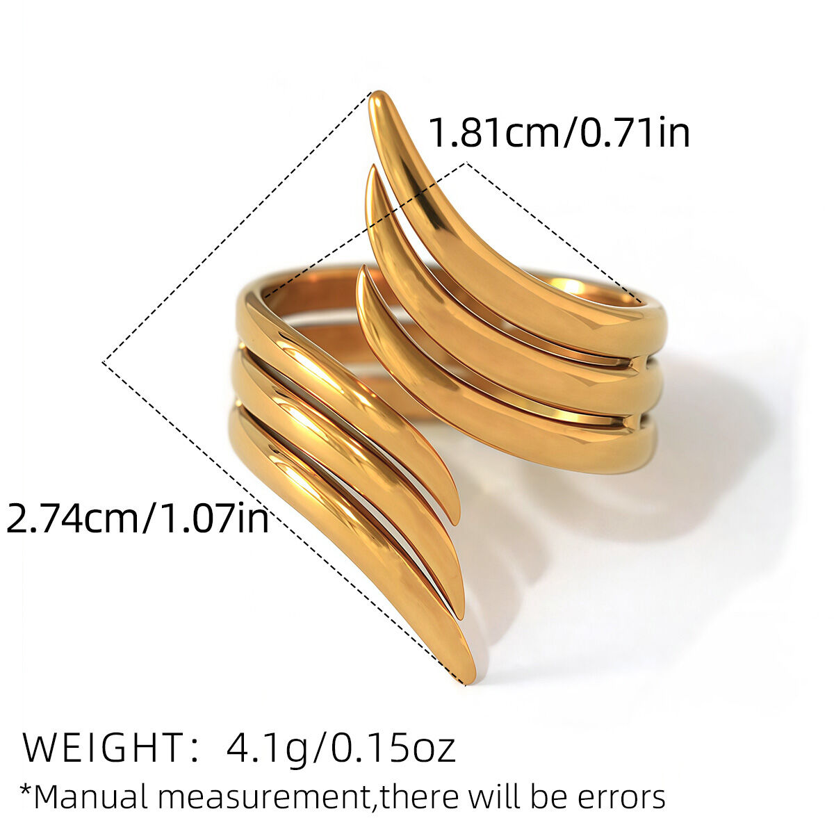 1 Stück schlichter Flügelring aus Edelstahl, wasserdicht, goldfarben, Statement-Ring für Damen h5 