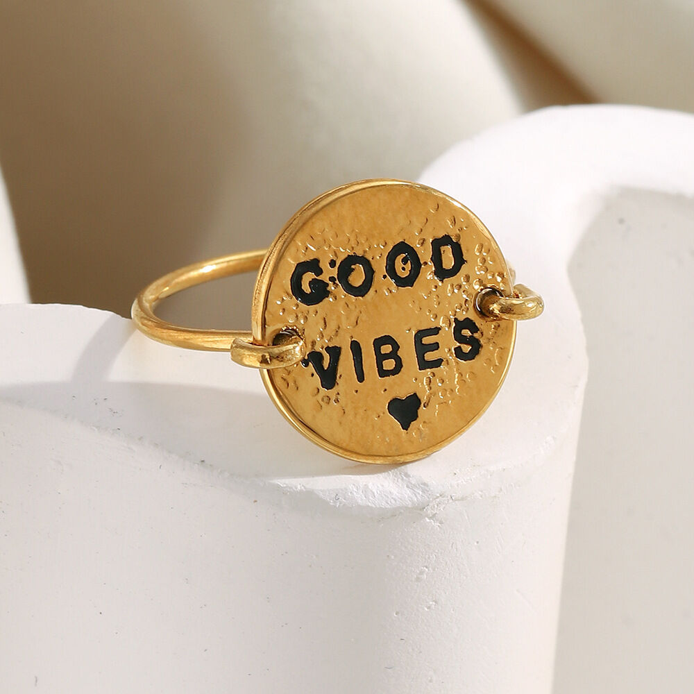 1 Piece Daily Good Vibes Stainless Steel Waterproof Gold Color Statement Rings Picture2