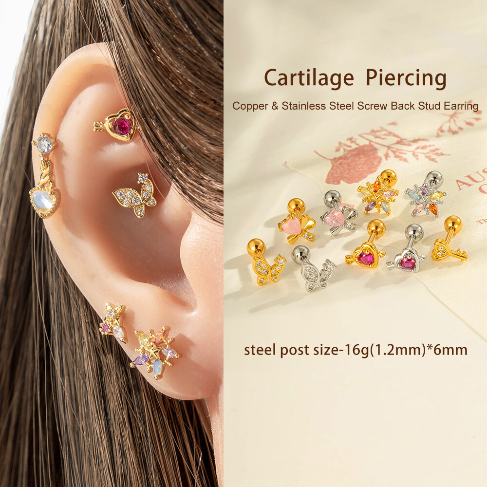 1 Parça Kalp Kelebek Bakır Altın Renkli Zirkonyum Piercing Küpe h5Resim4