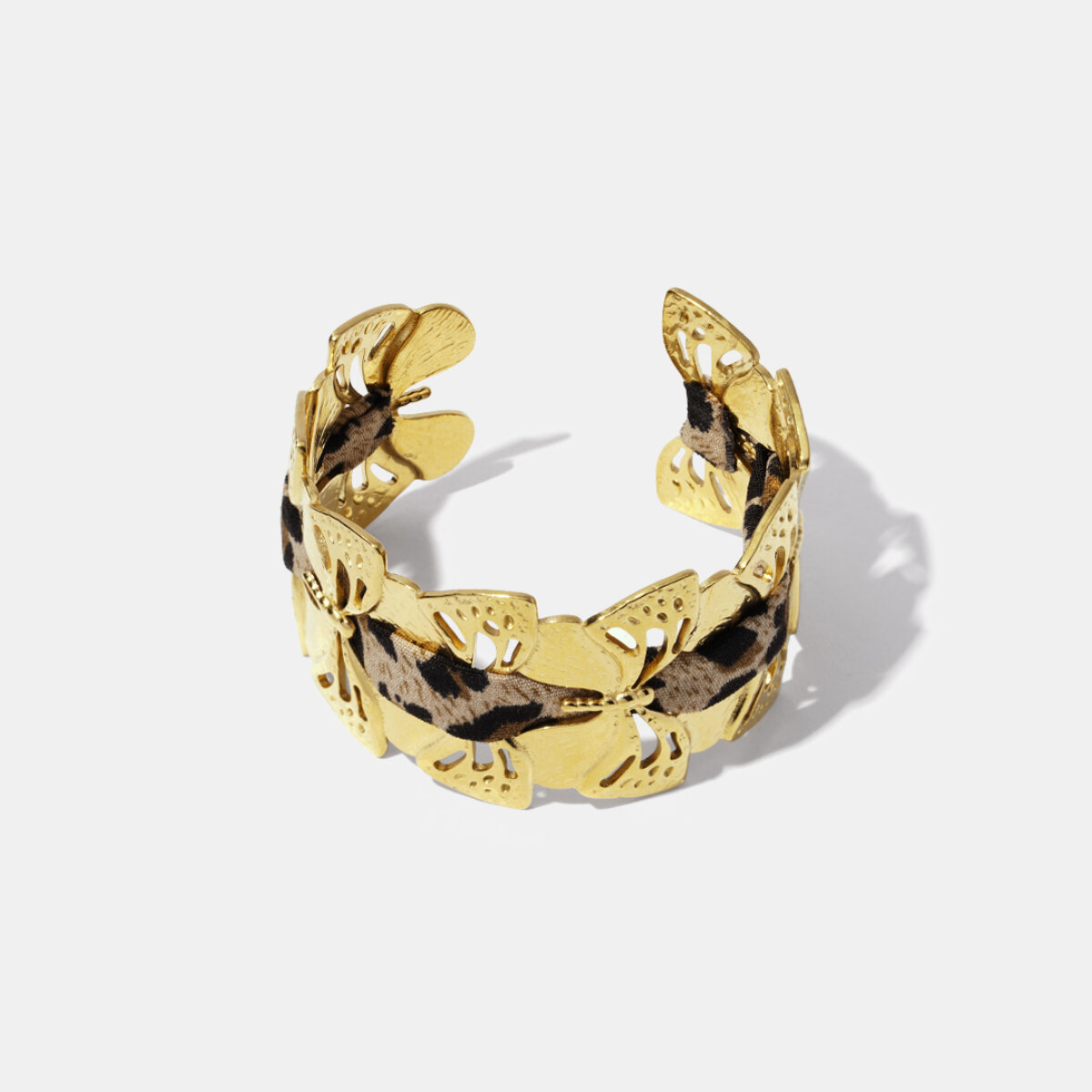Leopard Fabric Butterfly Stainless Steel Waterproof Gold Color Cuff Bracelet 2