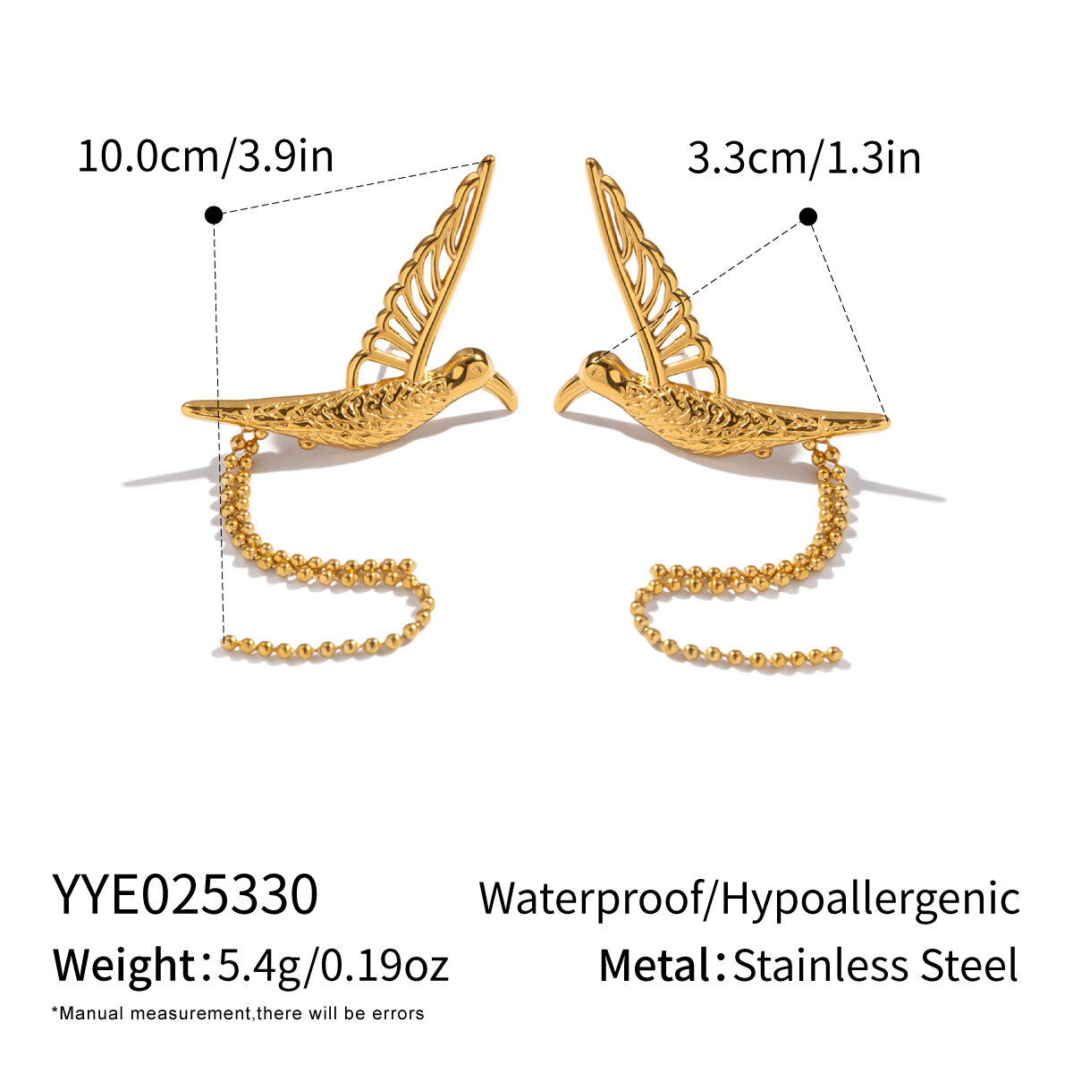1 Pair Birds Stainless Steel Waterproof Gold Color Stud Earrings h5 