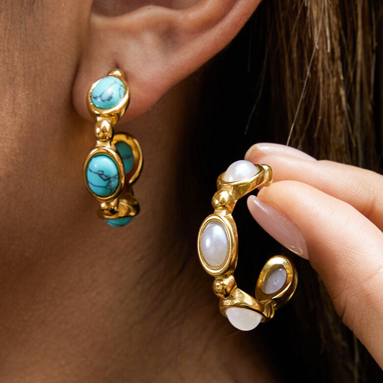 1 par de elegantes pendientes de aro de acero inoxidable con forma de círculo de piedra natural, resistentes al agua y color dorado para mujer. h5Imagen3