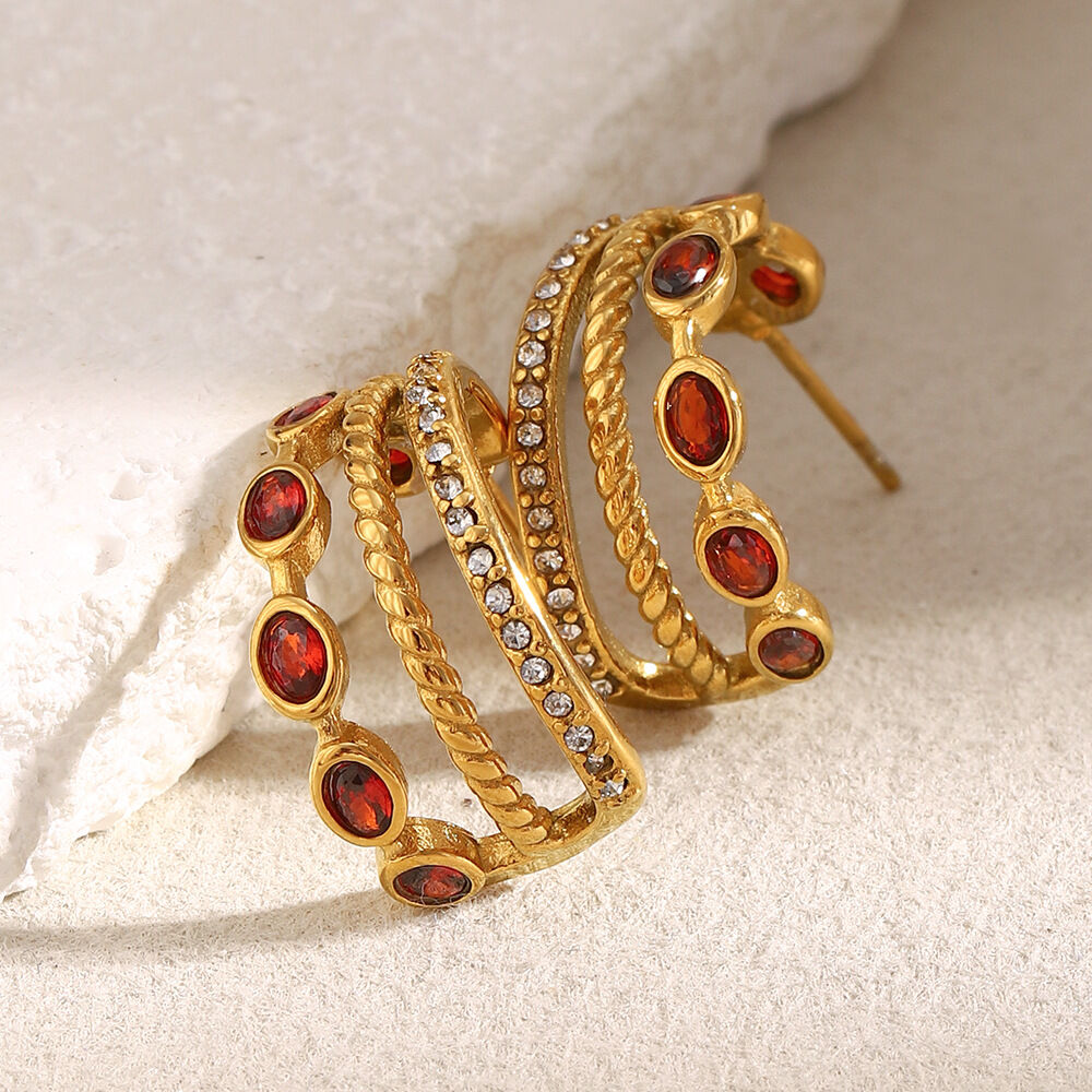 1 Pair Classic Stainless Steel Waterproof Gold Color Red Zircon Women's Hoop Earrings h5Picture3