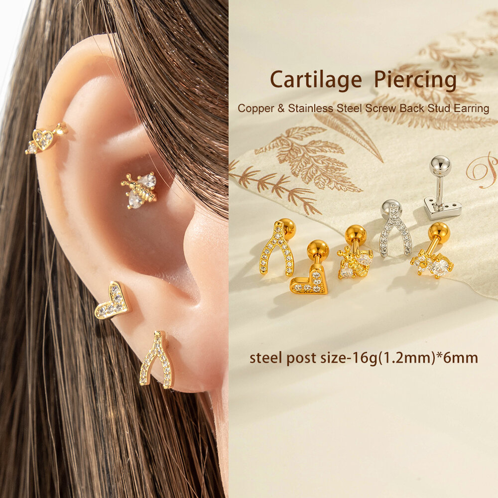1 Piece Heart Copper Gold Color Zircon Piercing Earring Picture4