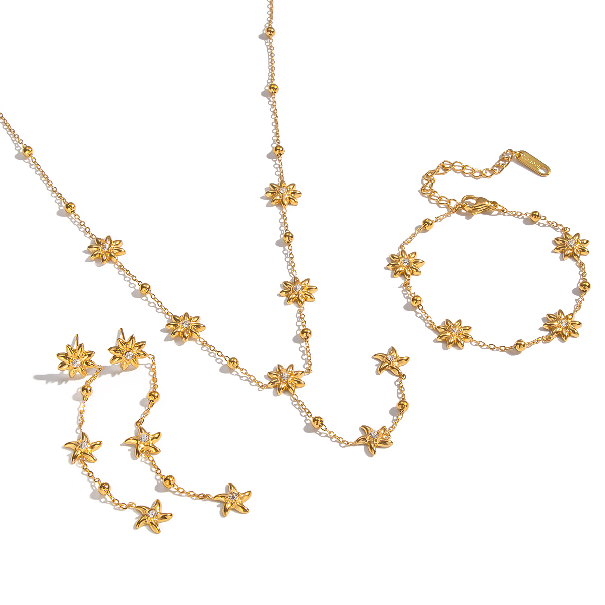 Flower Stainless Steel Waterproof  Gold Color Necklace Set h5 Picture6