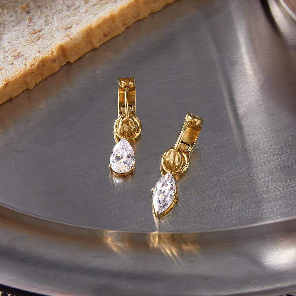 1 Pair Luxurious Droplet Stainless Steel Waterproof Gold Color Zircon Women's Drop Earrings h5Picture3