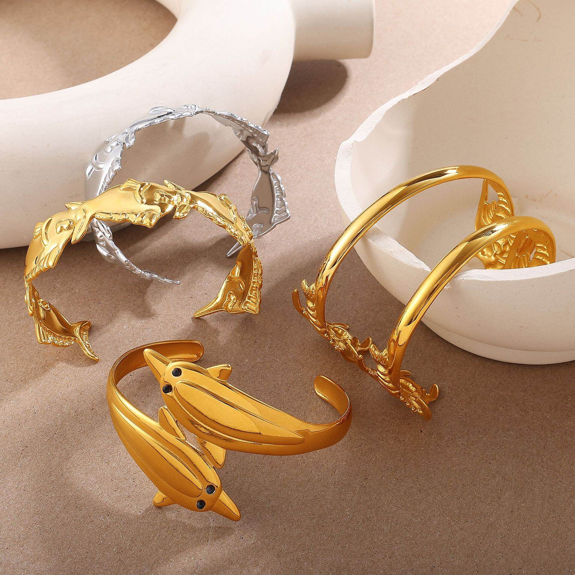 Bracelet manchette étanche en acier inoxydable doré, en forme de poisson (1 pièce)
