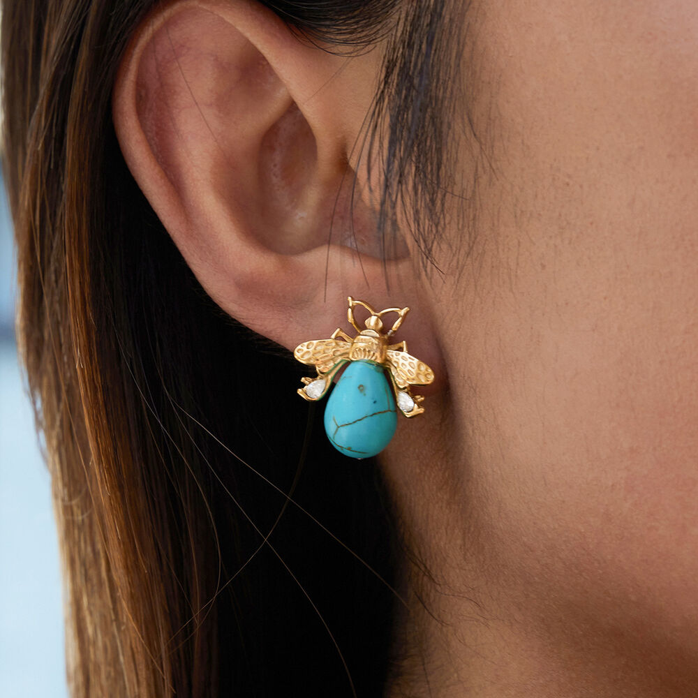 1 Paar elegante, wasserdichte Ohrstecker aus Edelstahl in Goldfarbe mit Insektenmotiv und Zirkonia-Natursteinen für Damen h5Bild3