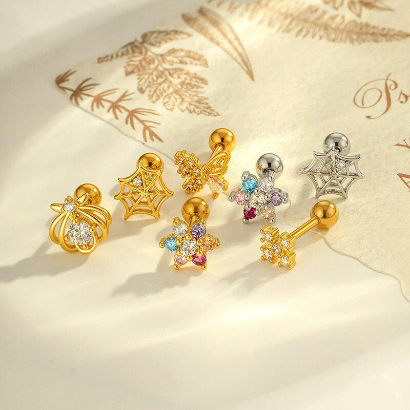 1 Adet Çiçek Bakır Altın Rengi Zirkonyum Piercing Küpe