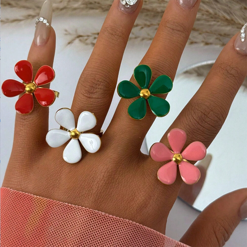 1 Piece Simple Retro Flower Stainless Steel Waterproof Women's Statement Rings Picture4