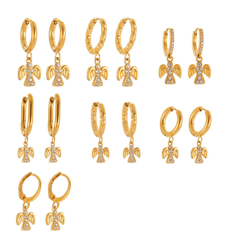 1 Pair Classic Angel Stainless Steel Waterproof Gold Color Zircon Women's Drop Earrings h5Picture7