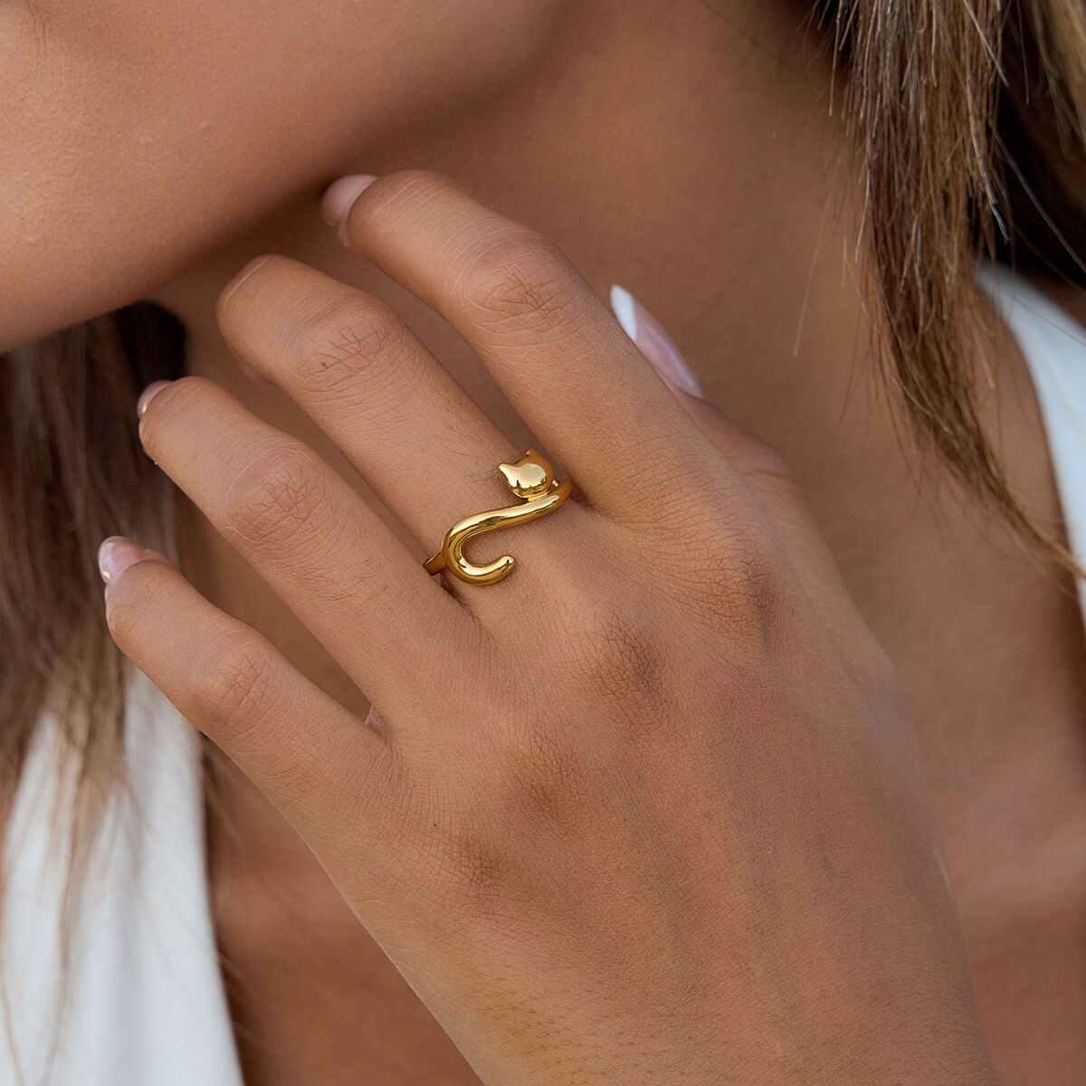1 Piece Whimsical Dog&Cat Stainless Steel Waterproof Gold Color Statement Rings h5 Picture2
