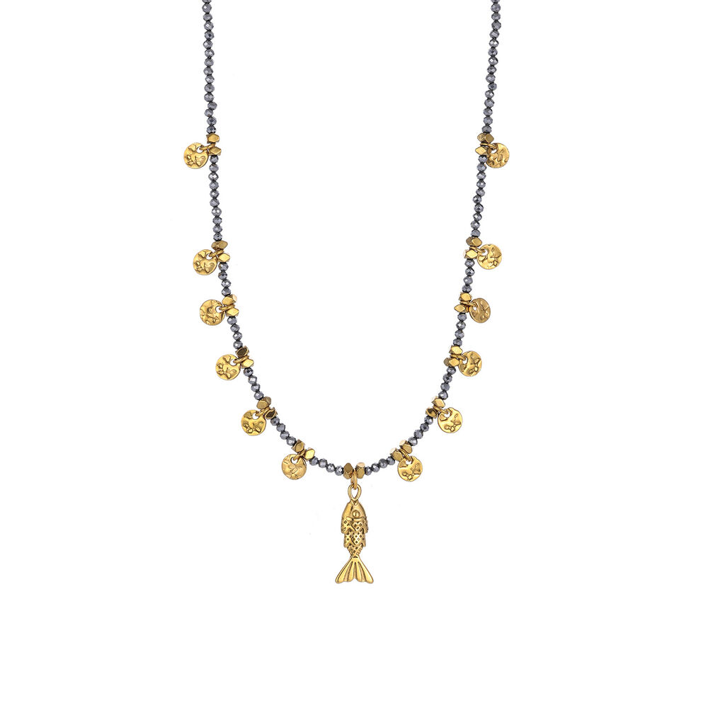 1 pezzo elegante collana di perline da donna in acciaio inossidabile impermeabile color oro con pietra naturale a forma di pesce