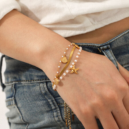 1 Set Simple Daily Stainless Steel Waterproof Gold Color Women's Beaded Bracelets