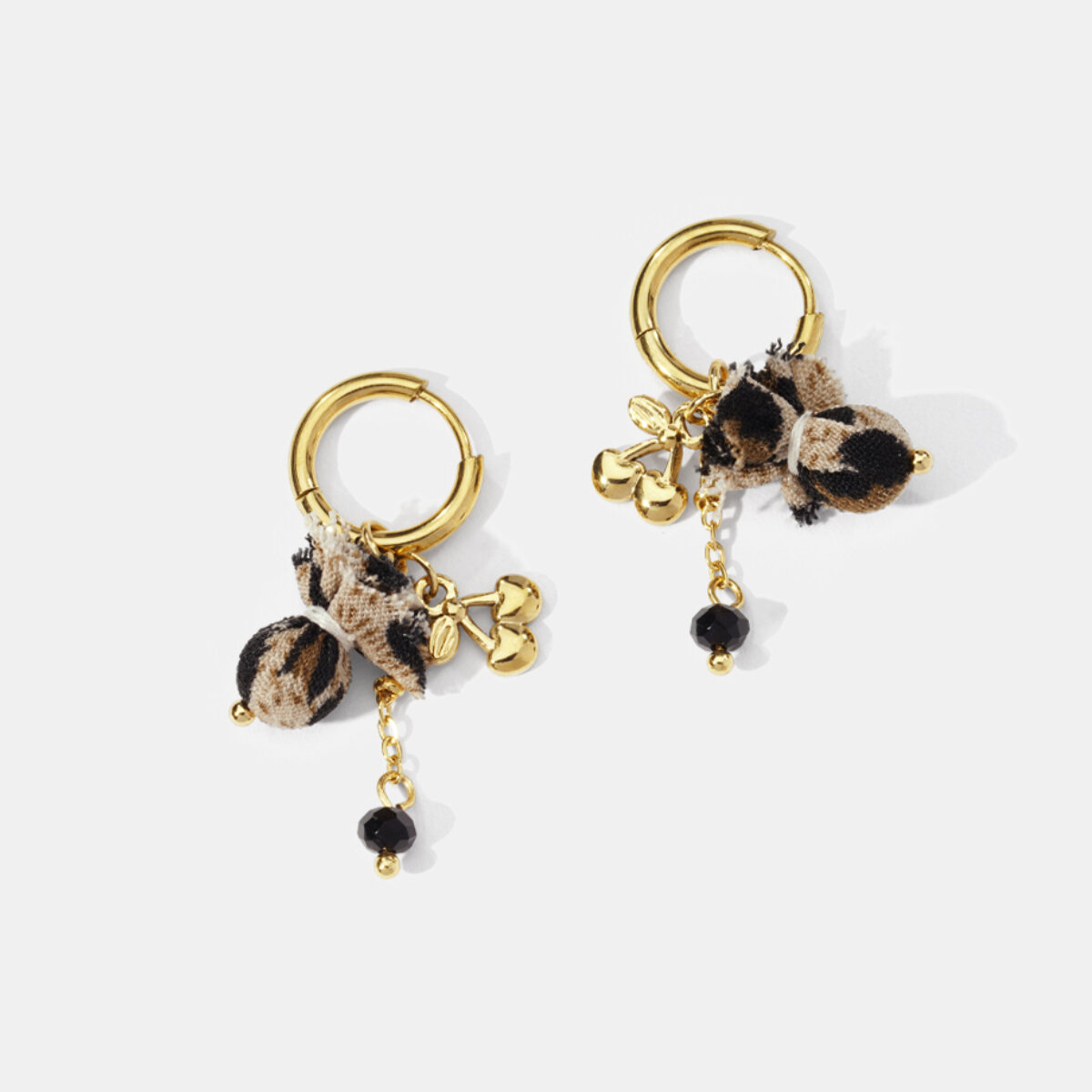 Orecchini pendenti in acciaio inossidabile color oro con motivo leopardato e ciliegia 2