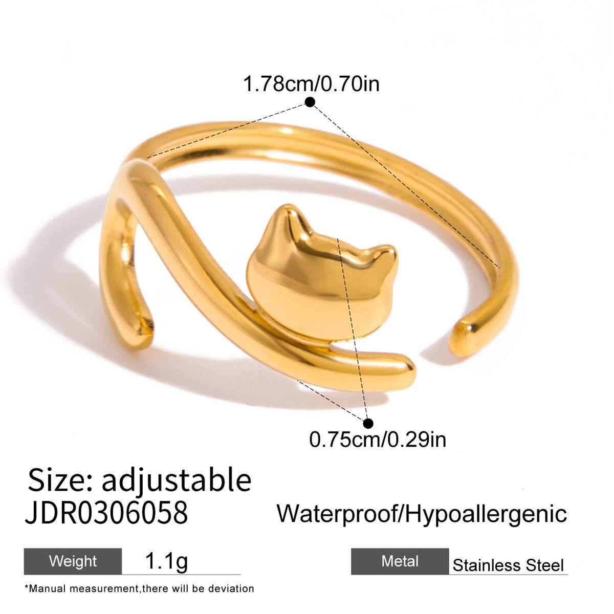 1 Piece Whimsical Dog&Cat Stainless Steel Waterproof Gold Color Statement Rings 