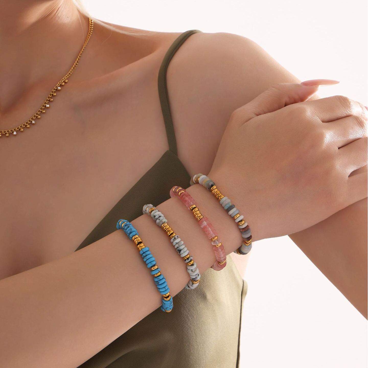 1 Piece Retro Natural Stone Beads Stainless Steel Waterproof Gold Color Women's Beaded Bracelets