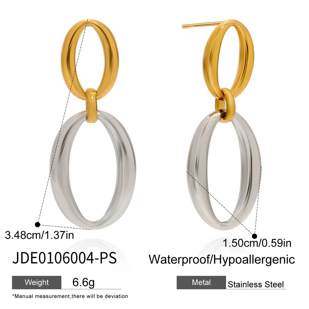 1 paio di orecchini pendenti classici da donna in acciaio inossidabile color oro, impermeabili, a doppio cerchio h5Immagine2
