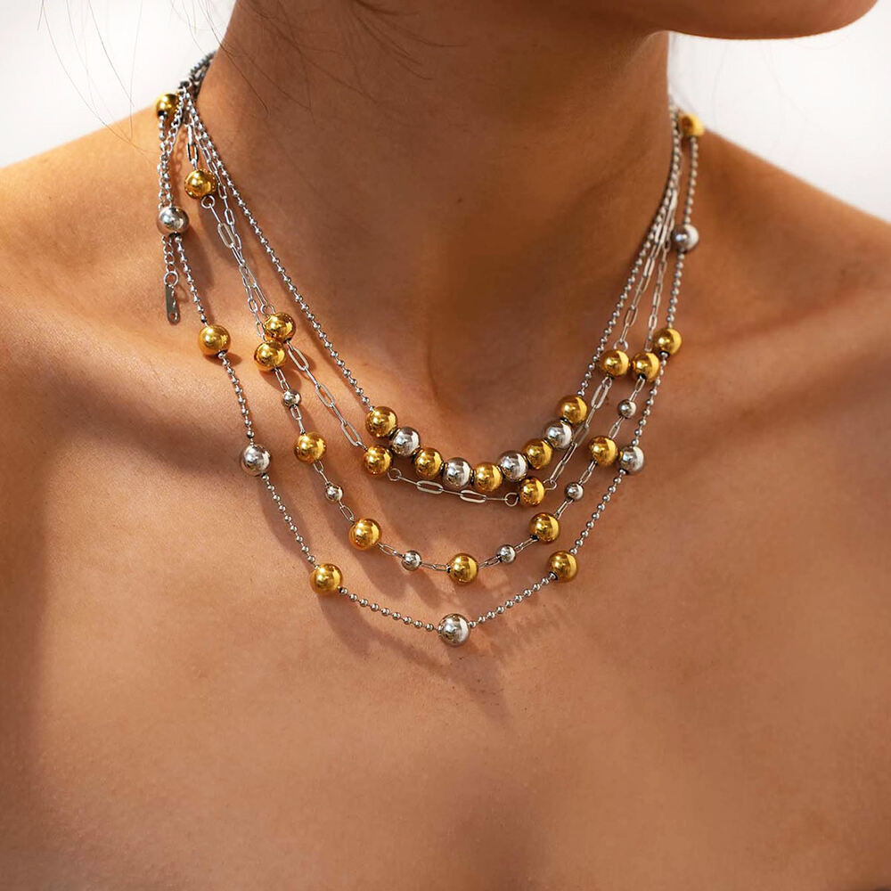 1 Piece Simple Mixed Gold Color And Silver Colors Stainless Steel Waterproof Women‘s Beaded Necklaces Picture5