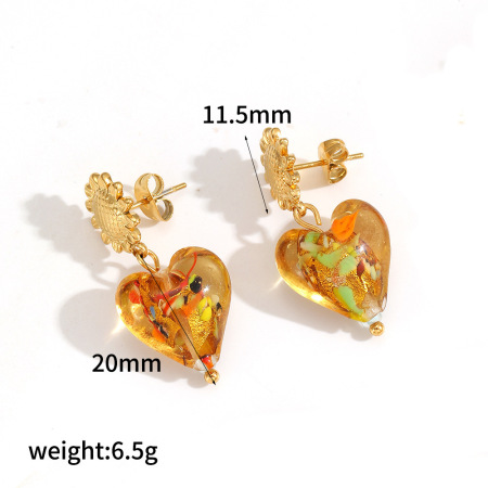 1 paio di orecchini pendenti da donna in acciaio inossidabile con cuore in vetro di lusso, impermeabili, color oro