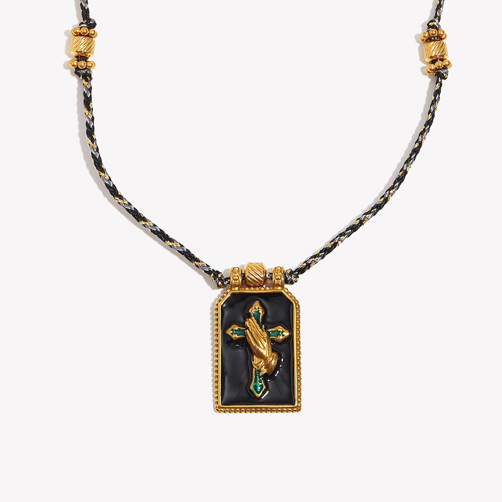 Handgewebte Tarotkarte mit tropfendem Ölkreuz aus farbigem Seil – Gold und Schwarz Bild4