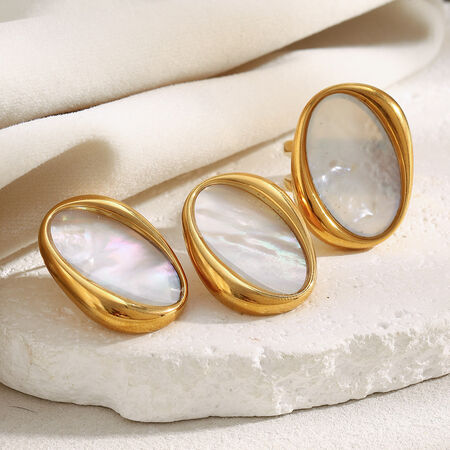 1 Piece Retro Oval Stainless Steel Waterproof Gold Color Shell Statement Rings 2