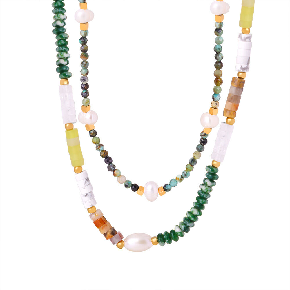 Collier de perles pour femme, 1 pièce, en acier inoxydable imperméable, couleur or, avec pierres naturelles h5Image5