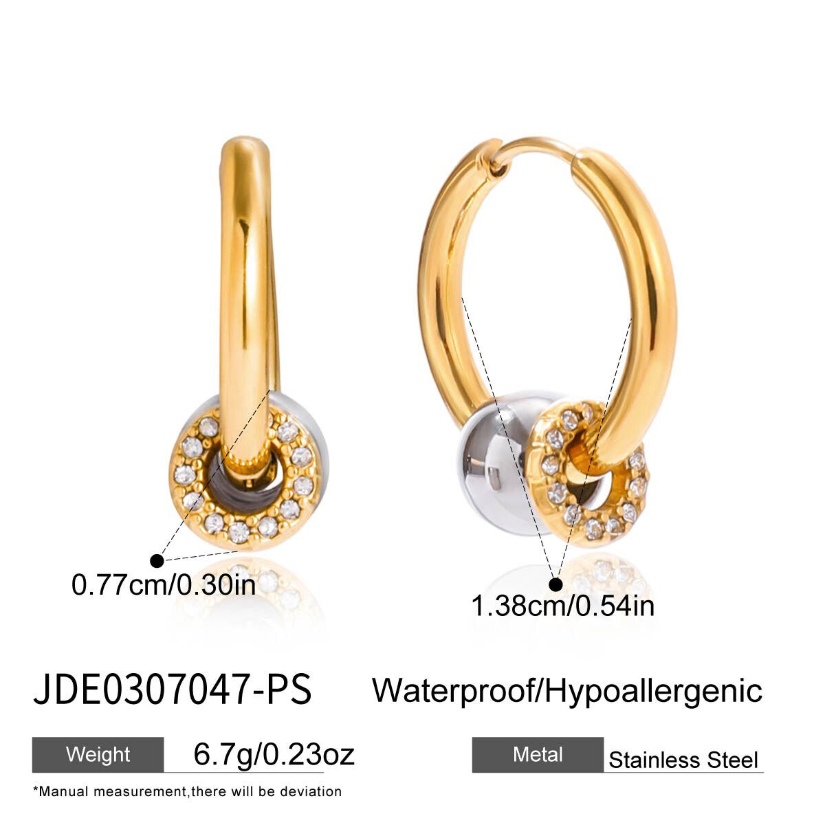 1 paar klassieke, waterdichte oorringen van roestvrij staal in een mix van goud en zilver. Afbeelding2
