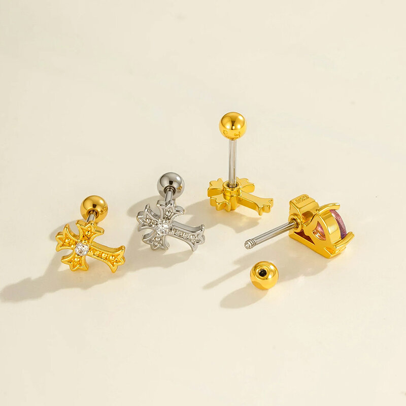 1 Parça Kalp Haç Bakır Altın Rengi Zirkonyum Piercing Küpe 2