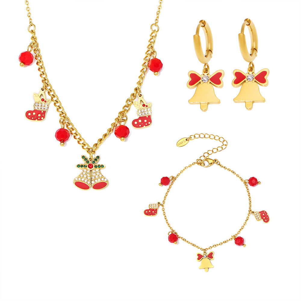 Weihnachtliches Schmuckset mit Glöckchen, Granat, Edelstahl, wasserdicht, goldfarben, Zirkonia 2
