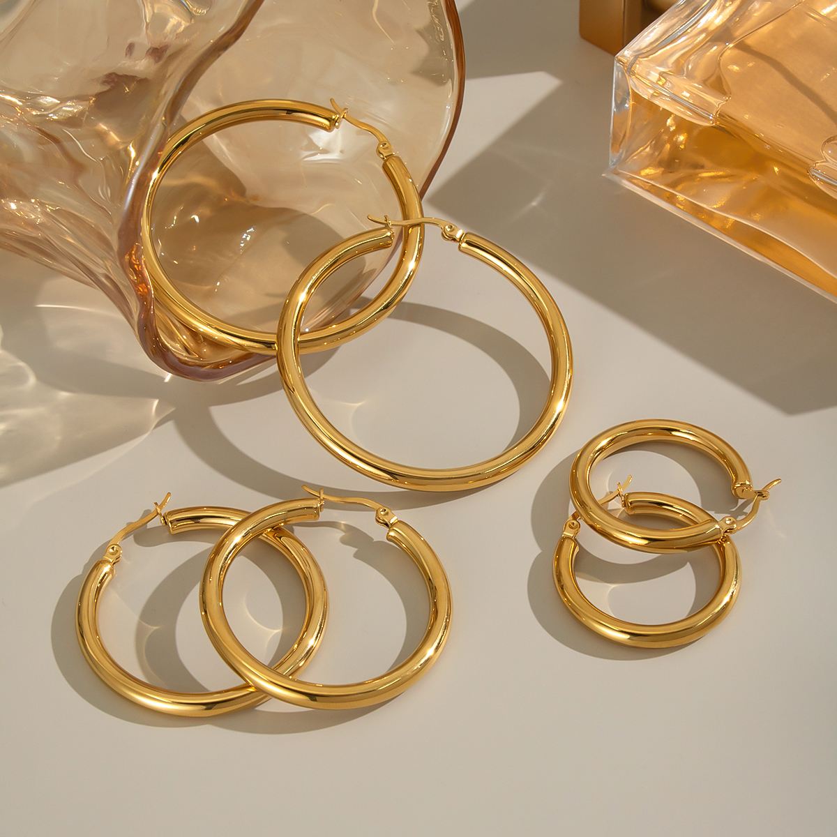 1 Pair Circle Stainless Steel Waterproof Gold Color Basic Hoop Earrings h5 Picture4