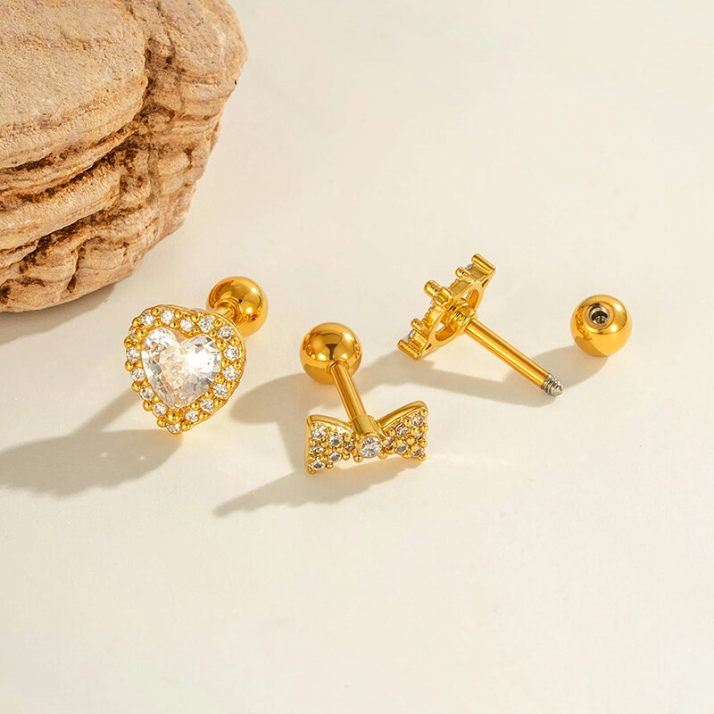 1 Parça Kalp Fiyonk Düğüm Bakır Altın Rengi Zirkonyum Piercing Küpe 2