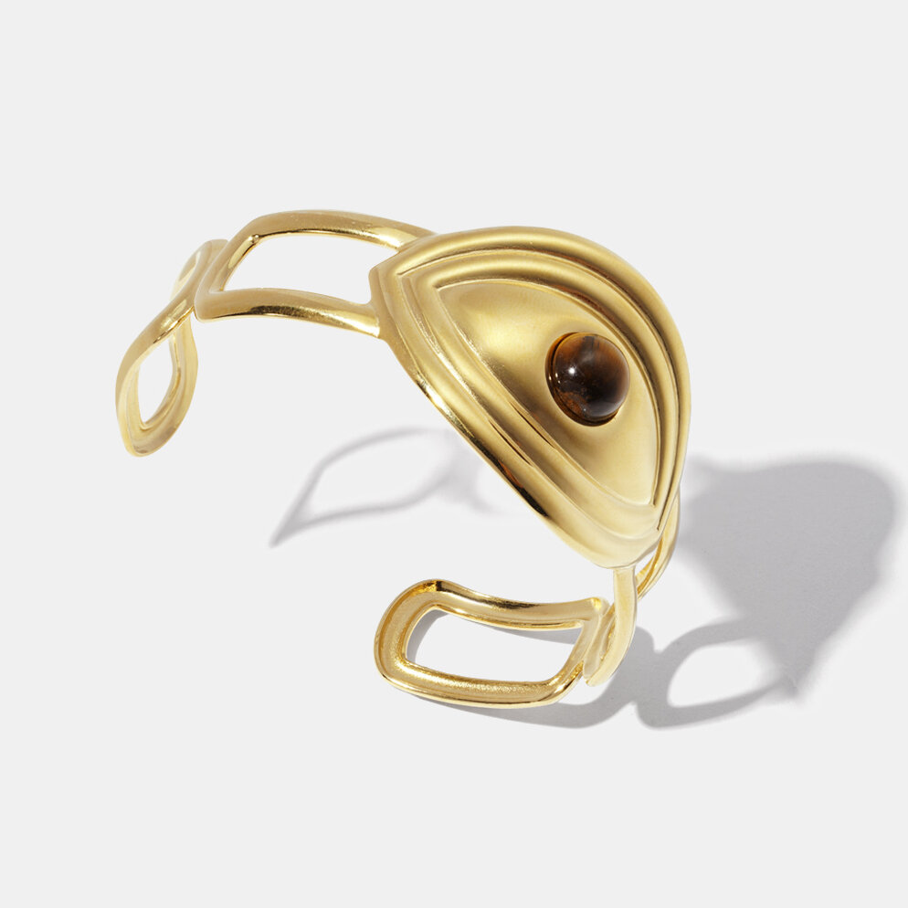Retro Devil's Eye Stainless Steel Waterproof Natural Stone Cuff Bracelet