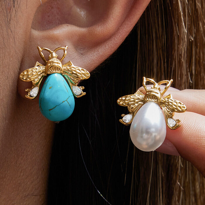 1 Paar elegante, wasserdichte Ohrstecker aus Edelstahl in Goldfarbe mit Insektenmotiv und Zirkonia-Natursteinen für Damen h5Bild2
