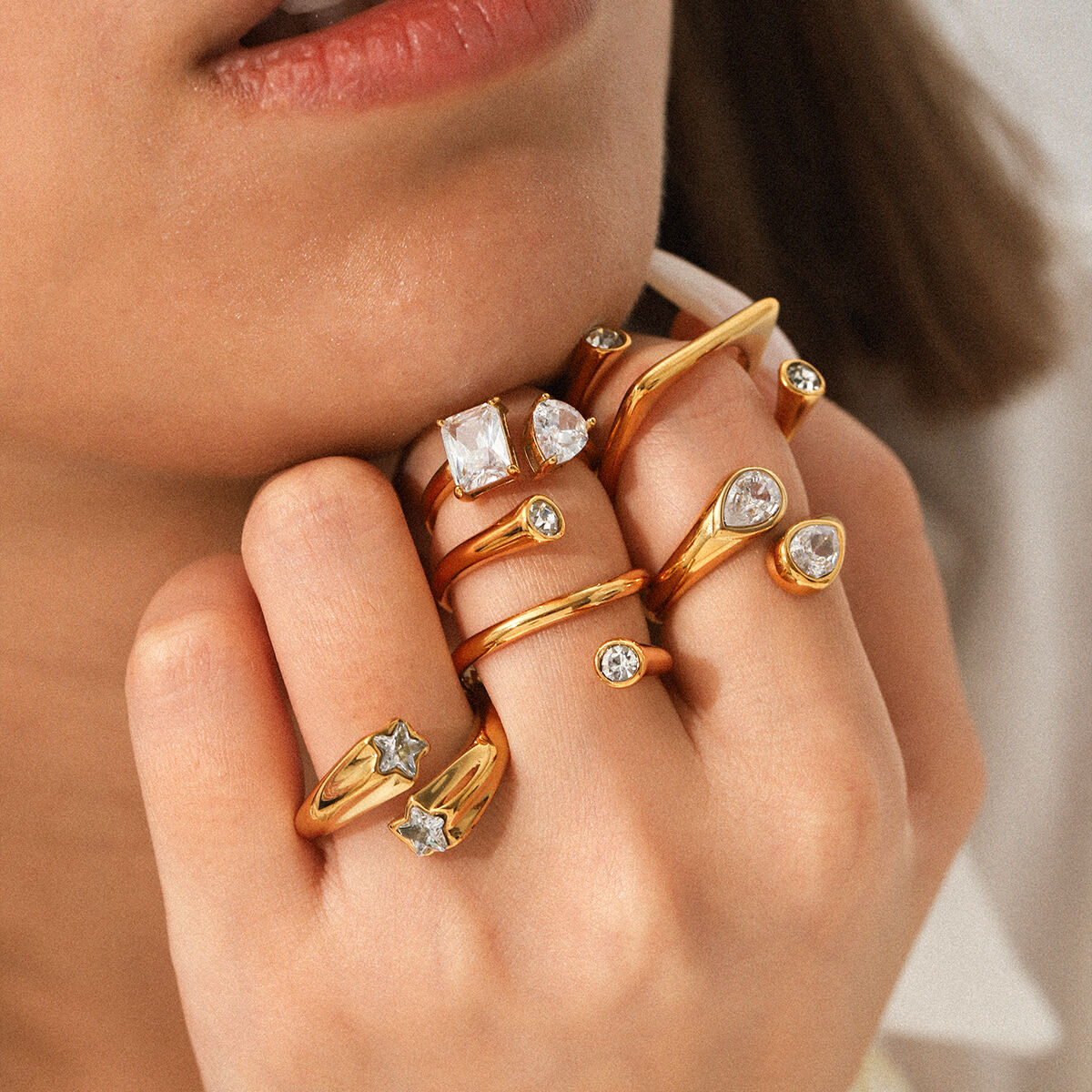 1 Piece Irregular Shape Stainless Steel Waterproof Gold Color Zircon Gemstone Ring