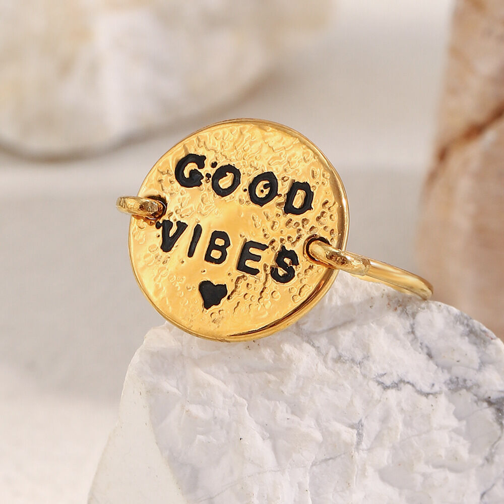 1 Piece Daily Good Vibes Stainless Steel Waterproof Gold Color Statement Rings h5 Picture4