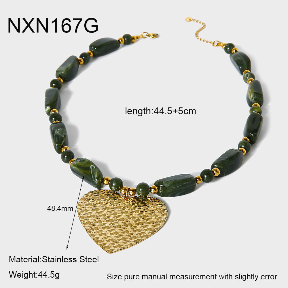 1 Piece Retro Acrylic Beads Gold Color Heart Pendant Necklace h5 