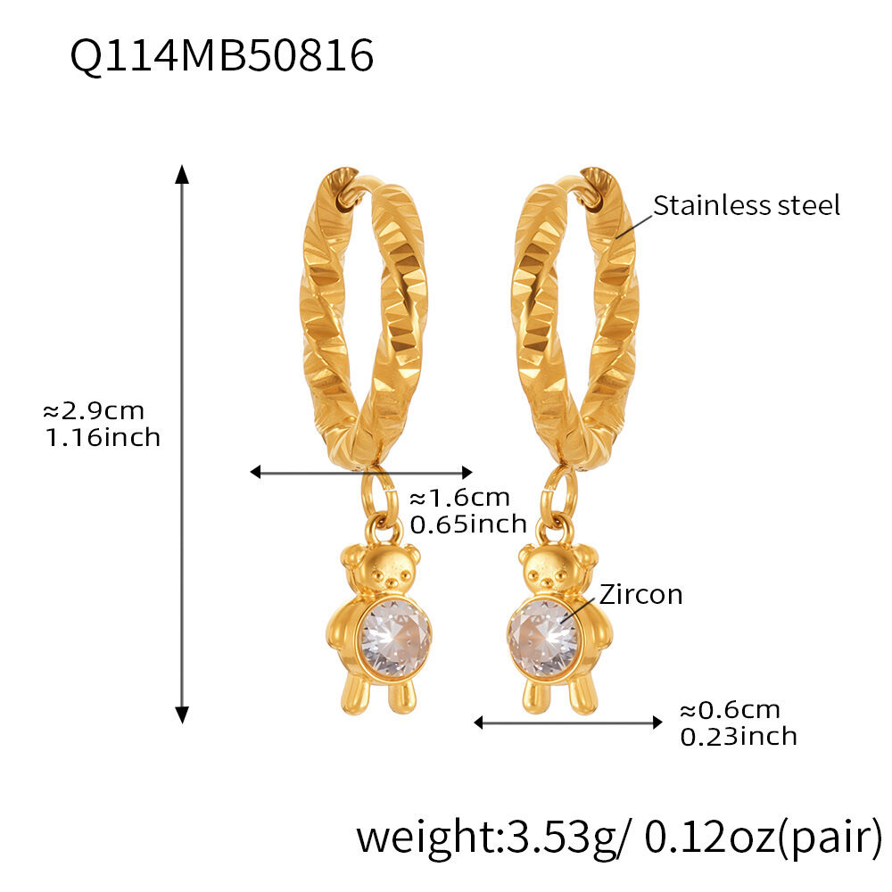 1 Pair Cute Monkey Stainless Steel Waterproof Gold Color Zircon Women's Drop Earrings h5 Picture2