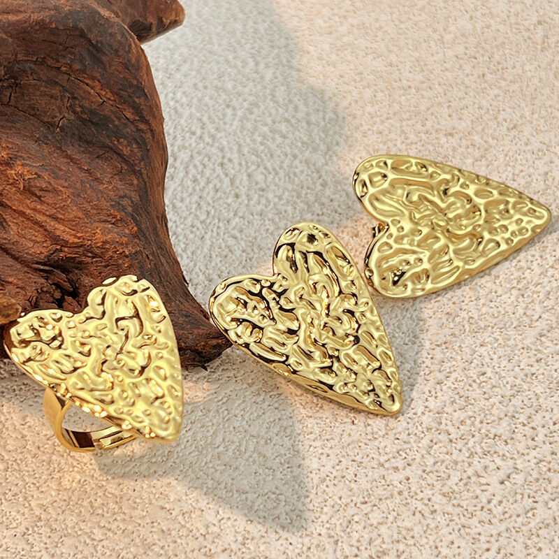 Retro Heart Stainless Steel Waterproof Gold Color Earring Set