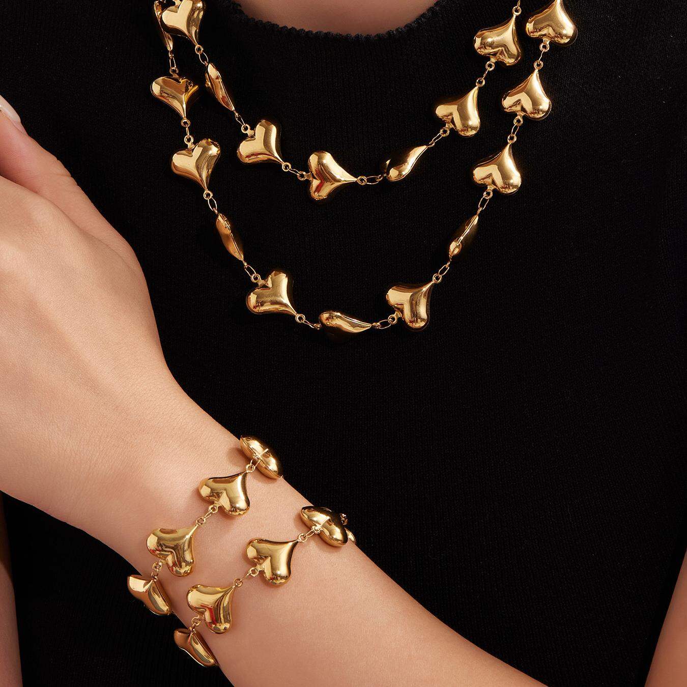 Romantisches Herz-Schmuckset aus Edelstahl, wasserdicht, goldfarben, für Damen