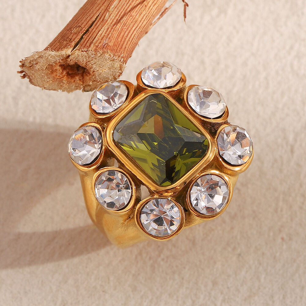 1 Piece Luxurious Rectangle Stainless Steel Waterproof Gold Color Zircon Women's Gemstone Rings Picture5