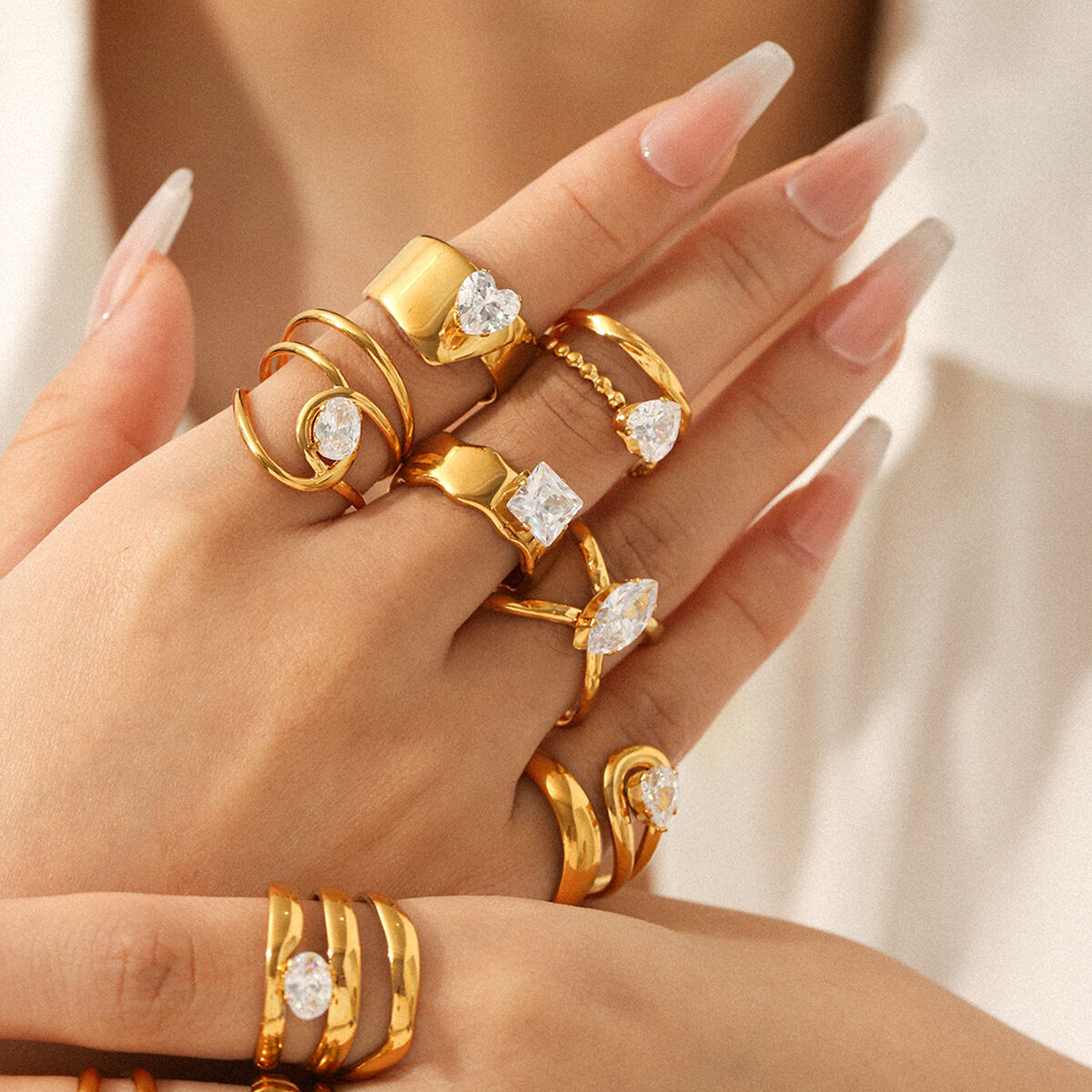 1 Piece Luxurious Irregular Shape Stainless Steel Waterproof Gold Color Zircon Women's Gemstone Rings 2