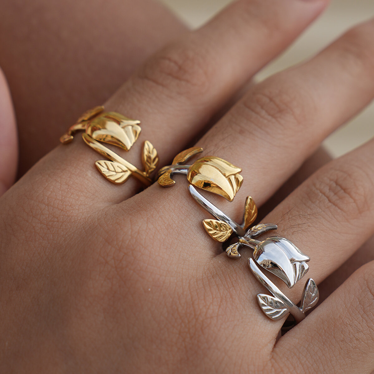 1 Piece Retro Flower Rose Stainless Steel Waterproof  Gold Color Women‘s  Statement Rings Picture8