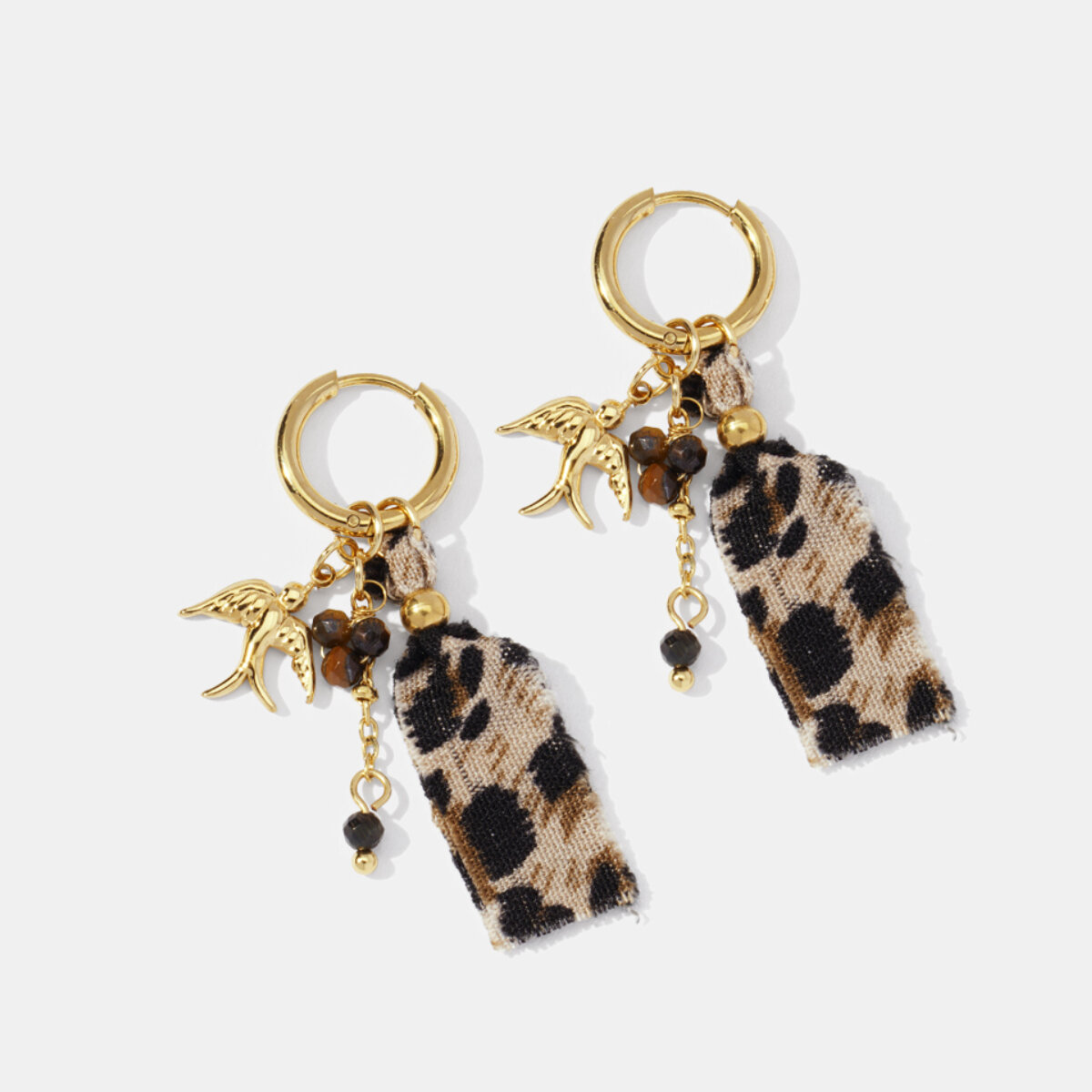 Orecchini pendenti in acciaio inossidabile color oro con motivo leopardato e uccello