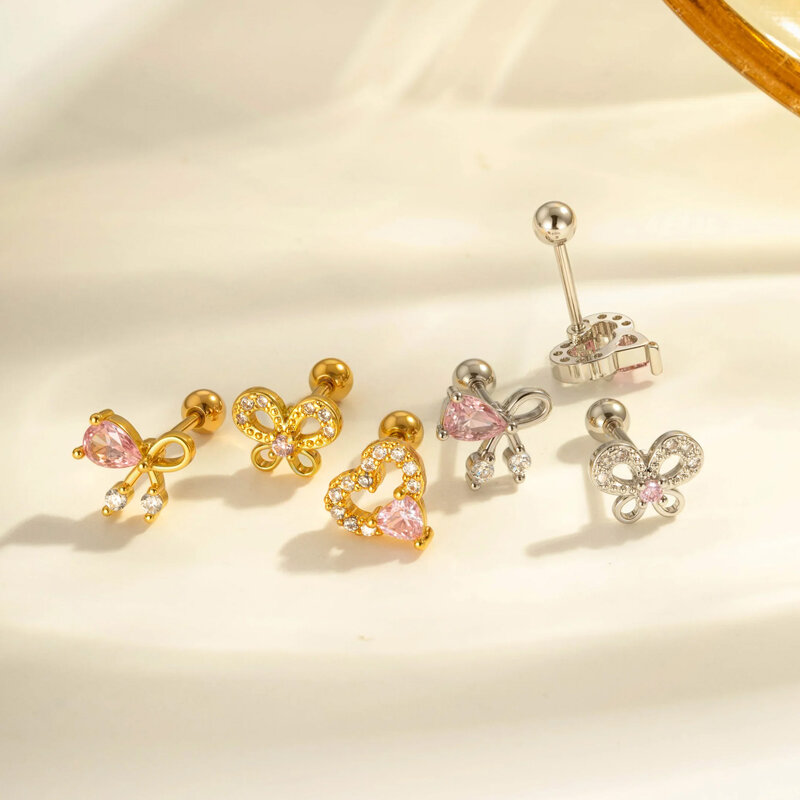 1 Piece Heart Bow Knot Butterfly Copper Gold Color Zircon Piercing Earring