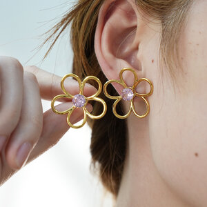 1 Pair Simple Natural Flower Stainless Steel Waterproof Gold Color Zircon Statement Rings h5 Picture3